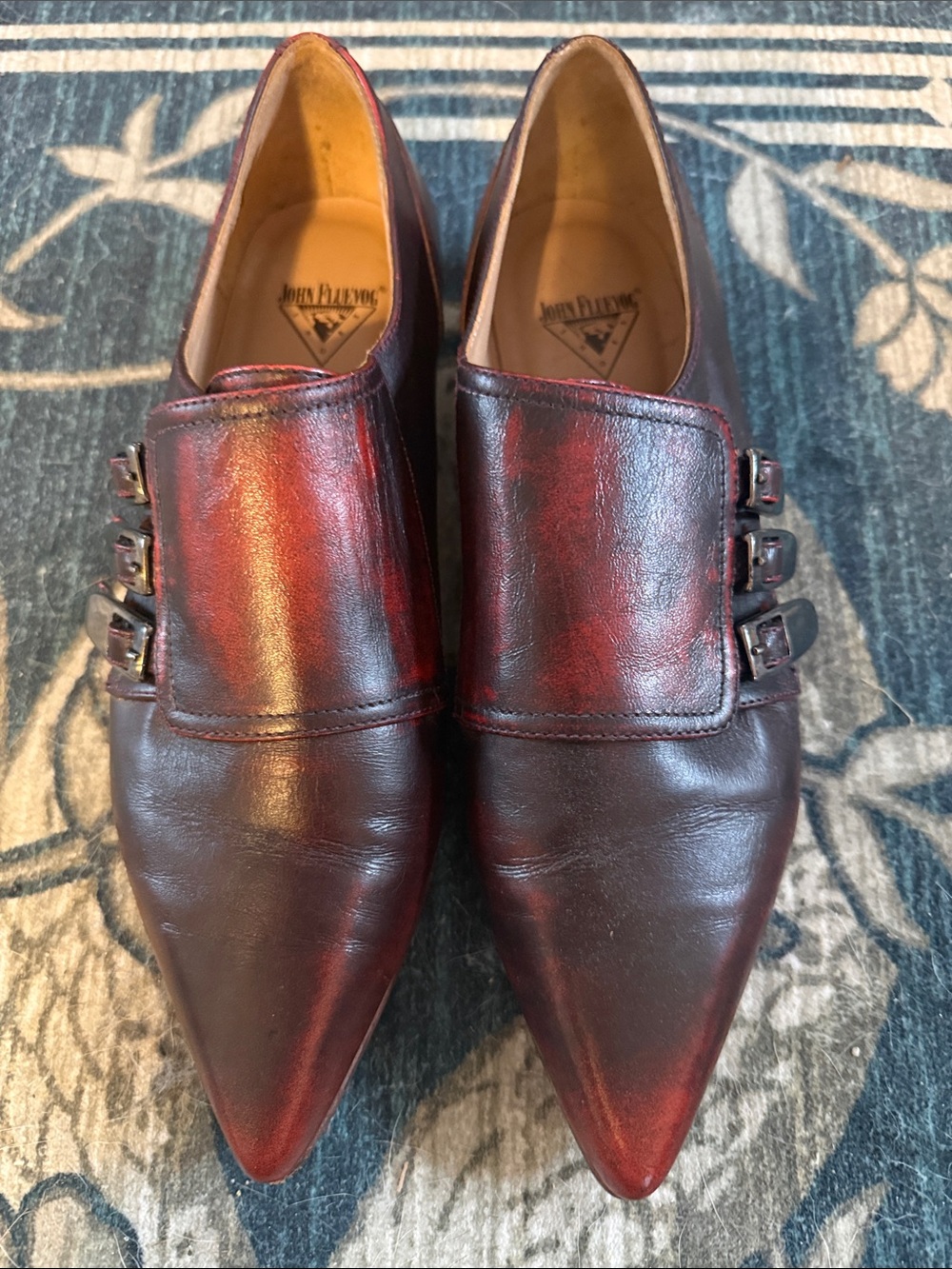 John Fluevog Women's Oxblood Pointed Leather Loafers with Triple Buckles